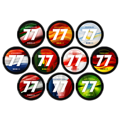 Various '77' branded product containers with different colored labels on a white background
