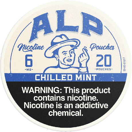 Nicotine pouch container with vintage design and warning label.