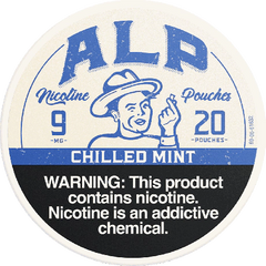 Nicotine pouch packaging with a vintage design and warning label.