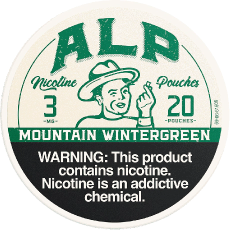 Vintage-style packaging for ALP Nicotine Pouches with a warning label.