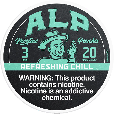 Nicotine pouch packaging with a warning label on a black background