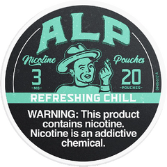 Nicotine pouch packaging with a warning label on a black background