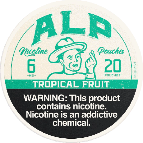 Nicotine pouch packaging with a vintage design and warning label.