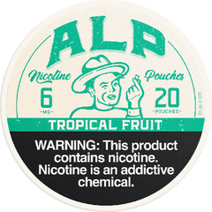 Nicotine pouch packaging with a vintage design and warning label.