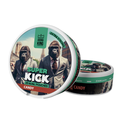 Two tins of 'Super Kick Candy' with gorilla graphics on a white background