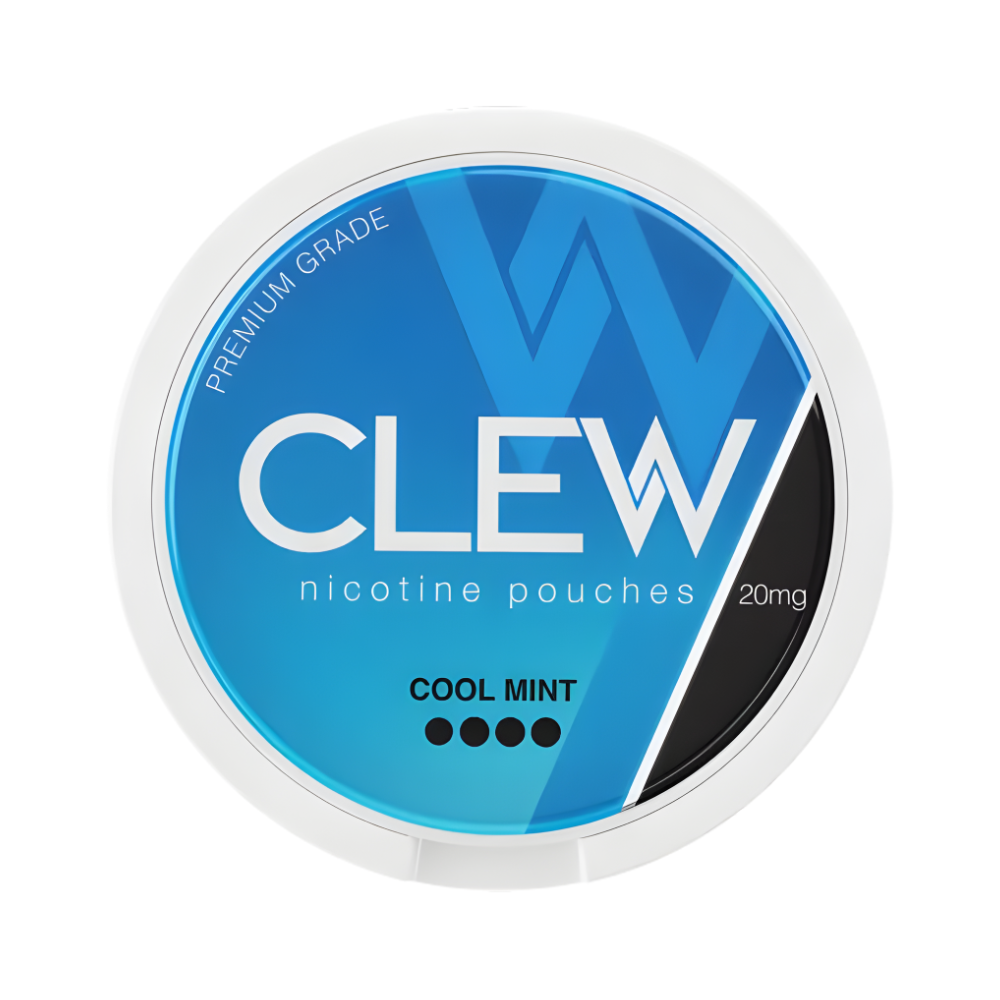 CLEW nicotine pouches packaging with blue and white design on a white background