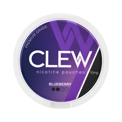 CLEW nicotine pouches container with purple and white design on a white background