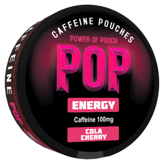 Caffeine pouches packaging with 'POP' branding on a black background