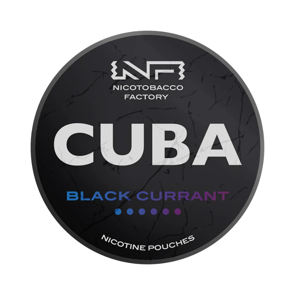 Nicotobacco Factory Cuba Black Currant nicotine pouches packaging on a white background