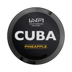 Round black container with 'Cuba Pineapple' text and Nicotabacco Factory logo on a white background