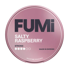 Pink container of FUMi Salty Raspberry nicotine pouches on a white background