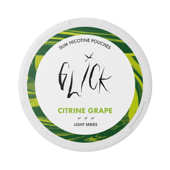 Front view of Glick Citrine Grape Slim Nicotine Pouches, Light Series. The can features a clean white design with vibrant green and yellow marble accents symbolising the citrusy grape flavour. The 'Citrine Grape' flavour is displayed in bold green text, complemented by a light nicotine strength of 4mg, indicated by three light intensity markers. The Glick logo and 'Slim Nicotine Pouches' branding emphasise its premium quality. Suitable for users seeking a refreshing and mild nicotine experience, made in EU