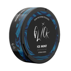 Side-angle view of Glick Ice Mint Slim Nicotine Pouches, Extreme Series. The black can showcases a striking blue swirl design, emphasising the 'Ice Mint' flavour. Marked with 'Made in Europe' and the Glick branding along the rim, this 10mg nicotine pouch offers a sleek, refreshing aesthetic. Perfect for users seeking a bold and cooling nicotine experience.