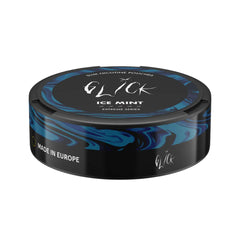Flat front-angle view of Glick Ice Mint Slim Nicotine Pouches, Extreme Series. The black can features an elegant blue swirl design and prominently displays the 'Ice Mint' flavour. With five strength indicators and 'Made in Europe' branding along the side, this 10mg nicotine pouch offers a bold, minty experience in a sleek, compact design.