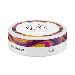 Flat-angled view of Glick Lemonberry Slim Nicotine Pouches, Light Series. The white can features vibrant pink and yellow swirl designs along the rim and the Glick logo prominently displayed on the label. 'Lemonberry' flavour is highlighted in bold magenta text with three light strength markers indicating 4mg nicotine content. The side label includes 'Made in Europe' certification. Designed for a light and fruity nicotine experience.