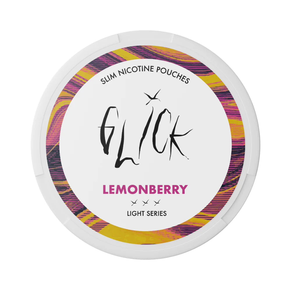 Front-angle view of Glick Lemonberry Slim Nicotine Pouches, Light Series. The can features a crisp white base with vibrant pink and yellow patterns around the rim. The label showcases the 'Lemonberry' flavour in bold magenta text beneath the distinctive Glick logo. Three light strength indicators represent 4mg nicotine content, emphasising a mild experience. Designed for a refreshing and fruity sensation, with a 'Light Series' designation for easy identification.