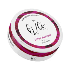 Tilted front-angle view of Glick Pink Fusion Slim Nicotine Pouches, Light Series. The can features a vibrant magenta and pink swirl design along the rim, complemented by the Glick logo in bold lettering. 'Pink Fusion' flavour is prominently displayed, with three light strength indicators representing a 4mg nicotine content. A stylish and modern pouch for a fruity, smooth nicotine experience.