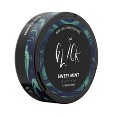 Side-angle view of Glick Sweet Mint Slim Nicotine Pouches, Extreme Series. The black container features green and blue swirl accents, the Glick logo, and 'Sweet Mint' flavour details. Includes 'Made in Europe' branding along the side and five strength markers indicating 10mg nicotine content. A sleek choice for a minty nicotine experience.