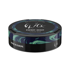 Side angle of Glick Sweet Mint Slim Nicotine Pouches, Extreme Series. The black can showcases vibrant green and blue swirl patterns with 'Sweet Mint' flavour prominently displayed. Features include strength markers for 10mg nicotine, the Glick logo, and 'Made in Europe' branding on the side. Designed for a refreshing and strong nicotine experience.