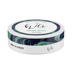 Flat-angle view of Glick Sweet Mint Slim Nicotine Pouches, Light Series. The can showcases a sleek white design with green and blue marble accents on the side. The 'Sweet Mint' flavour is prominently displayed in green text, representing a fresh and mild mint taste. The 4mg nicotine strength is indicated along with three light intensity markers, suitable for light nicotine users. Features the Glick logo, 'Slim Nicotine Pouches,' and 'Made in Europe,' emphasising its premium quality.