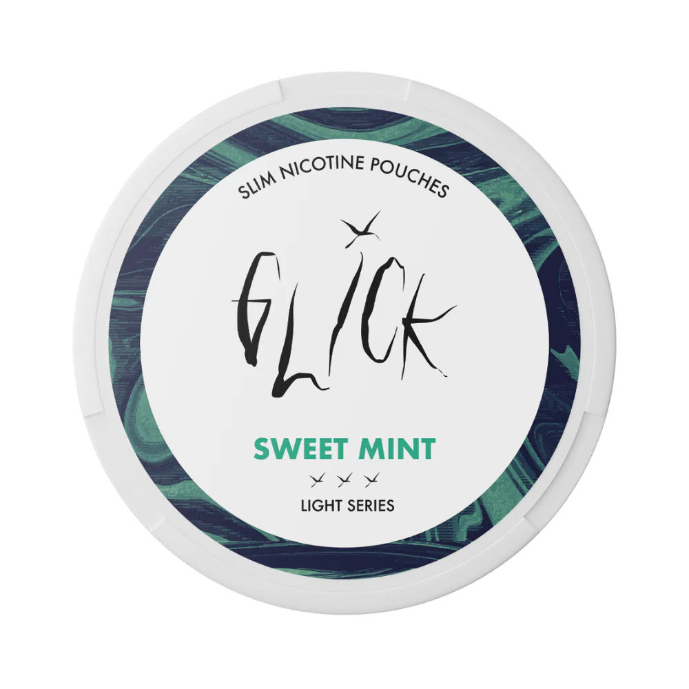Front-facing view of Glick Sweet Mint Slim Nicotine Pouches, Light Series. Featuring a white can design with green and blue marble accents around the edges, the 'Sweet Mint' flavour is displayed in bold green text. The can indicates a 4mg nicotine strength with three light intensity markers, tailored for a smooth and sweet mint experience. Labelled 'Slim Nicotine Pouches' and 'Made in Europe,' this product is ideal for customers seeking light nicotine options.