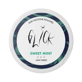 Front-facing view of Glick Sweet Mint Slim Nicotine Pouches, Light Series. Featuring a white can design with green and blue marble accents around the edges, the 'Sweet Mint' flavour is displayed in bold green text. The can indicates a 4mg nicotine strength with three light intensity markers, tailored for a smooth and sweet mint experience. Labelled 'Slim Nicotine Pouches' and 'Made in Europe,' this product is ideal for customers seeking light nicotine options.