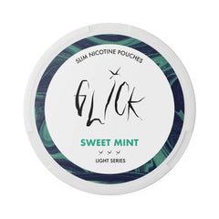 Front-facing view of Glick Sweet Mint Slim Nicotine Pouches, Light Series. Featuring a white can design with green and blue marble accents around the edges, the 'Sweet Mint' flavour is displayed in bold green text. The can indicates a 4mg nicotine strength with three light intensity markers, tailored for a smooth and sweet mint experience. Labelled 'Slim Nicotine Pouches' and 'Made in Europe,' this product is ideal for customers seeking light nicotine options.
