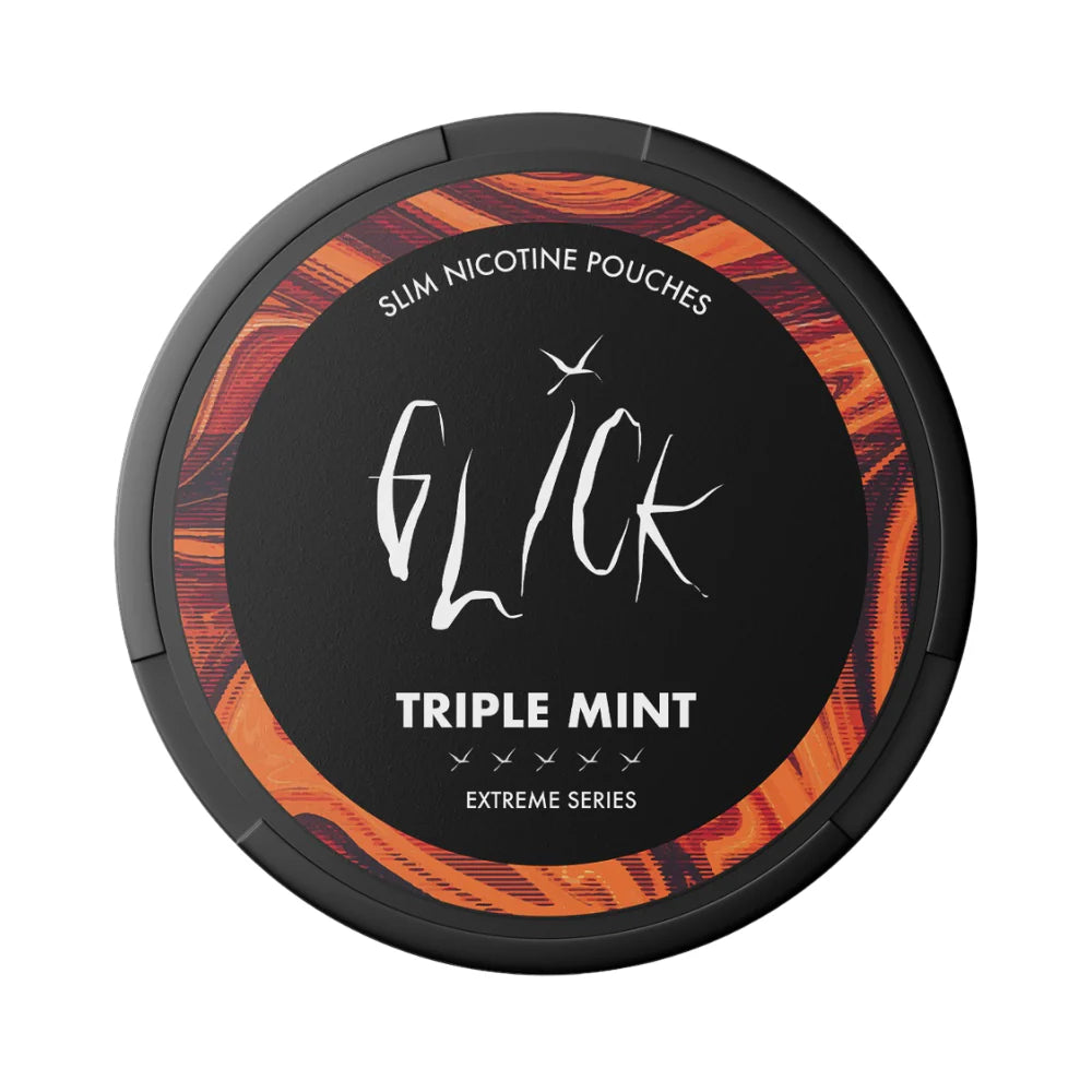 Glick Triple Mint Slim Nicotine Pouches, part of the Extreme Series, featuring a sleek black container with a bold orange and red swirl pattern on the rim. Highlighted with five strength indicators and '10mg' nicotine per pouch, offering a refreshing mint flavour.