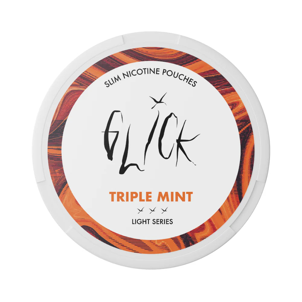 Front-facing view of Glick Triple Mint Slim Nicotine Pouches, Light Series. The white can features a vibrant orange swirl pattern around the edges and prominently displays the 'Triple Mint' flavour. Designed for lighter use with three strength indicators, offering 4mg nicotine per pouch.
