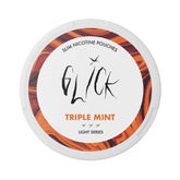 Front-facing view of Glick Triple Mint Slim Nicotine Pouches, Light Series. The white can features a vibrant orange swirl pattern around the edges and prominently displays the 'Triple Mint' flavour. Designed for lighter use with three strength indicators, offering 4mg nicotine per pouch.