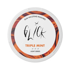 Front-facing view of Glick Triple Mint Slim Nicotine Pouches, Light Series. The white can features a vibrant orange swirl pattern around the edges and prominently displays the 'Triple Mint' flavour. Designed for lighter use with three strength indicators, offering 4mg nicotine per pouch.