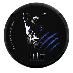 A round black product container lid featuring a stylized white panther face with blue eyes, blue claw marks, and the text 'ALL WHITE PORTION', 'HIT', and 'BLUEBERRY'.