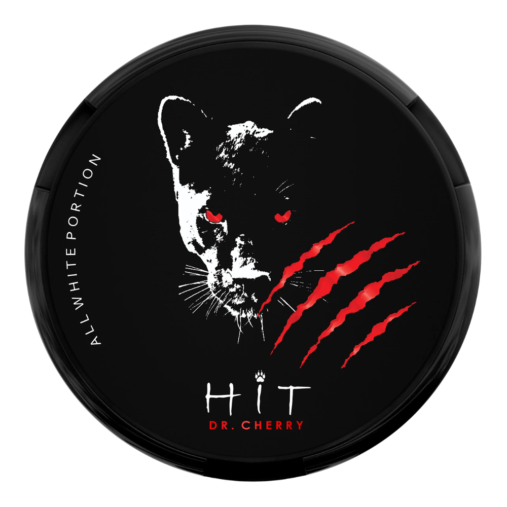 A round black cosmetic compact lid featuring a stylized white panther face with glowing red eyes, red claw marks, and the text 'ALL WHITE PORTION' and 'HIT DR. CHERRY'.