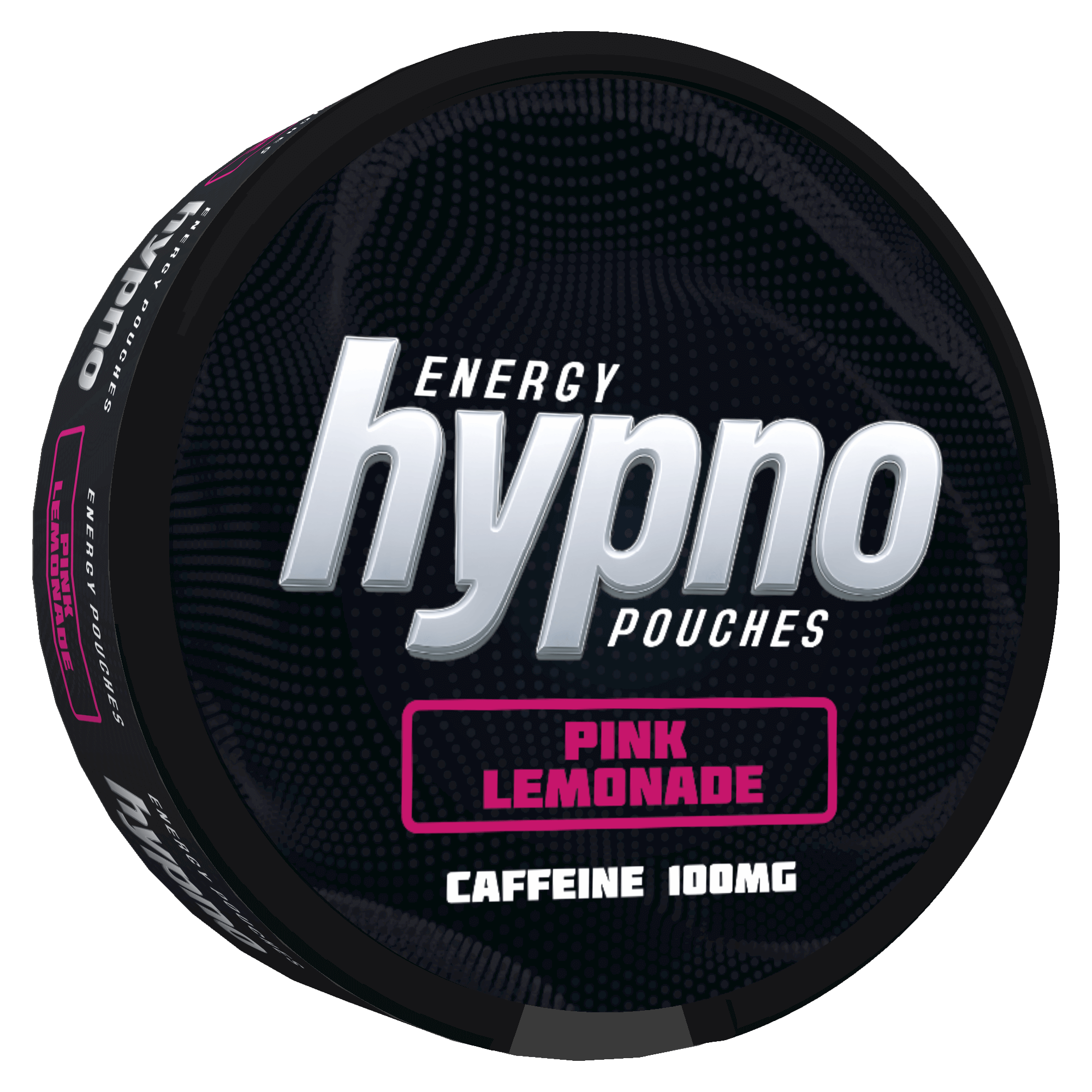 Hypno Energy Pouches container with 'Pink Lemonade' flavor on a black background