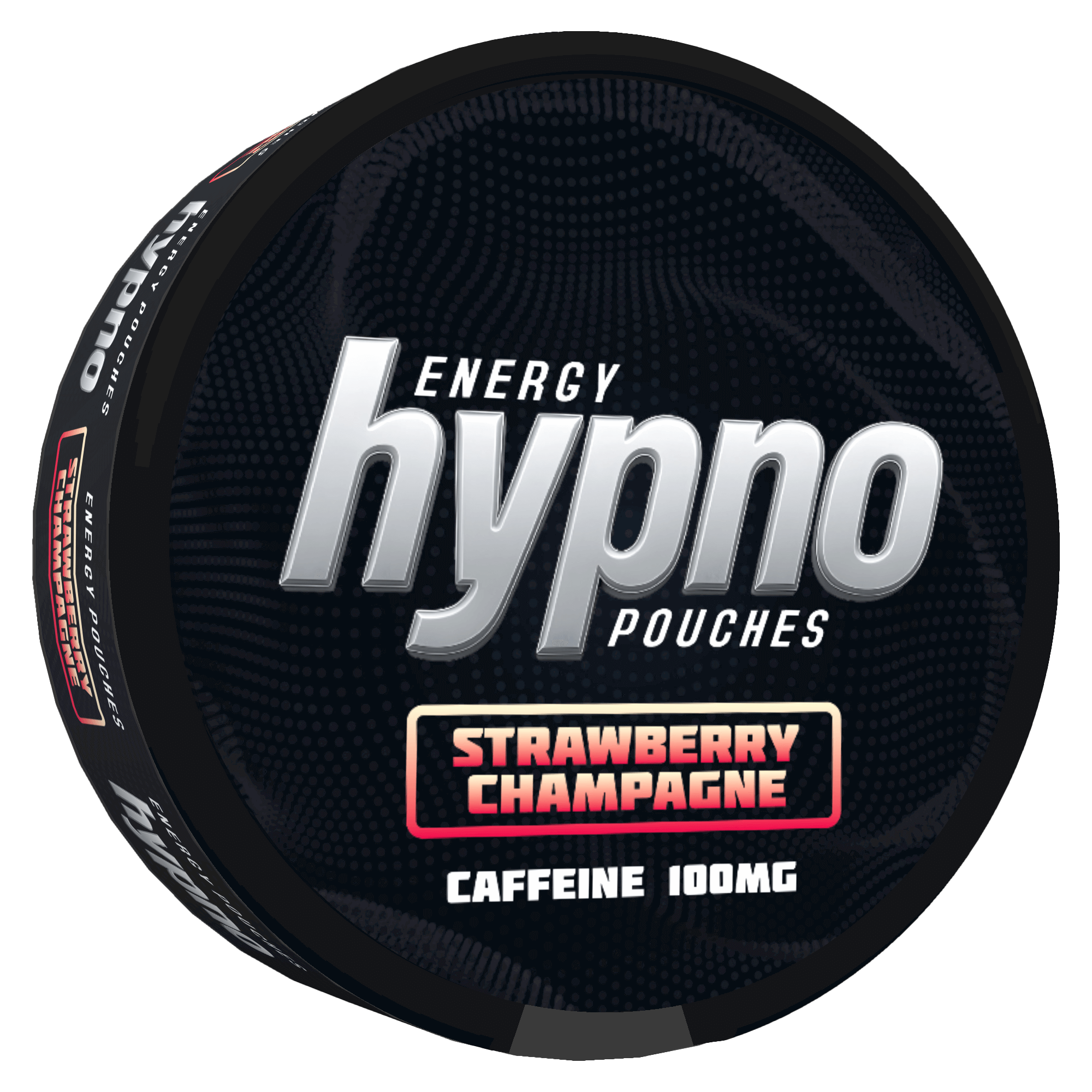 Hynno Energy Pouches container with 'Strawberry Champagne' flavor on a black background