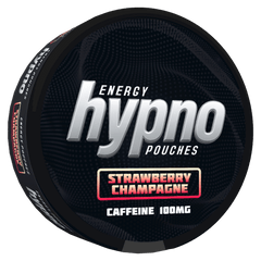 Hynno Energy Pouches container with 'Strawberry Champagne' flavor on a black background