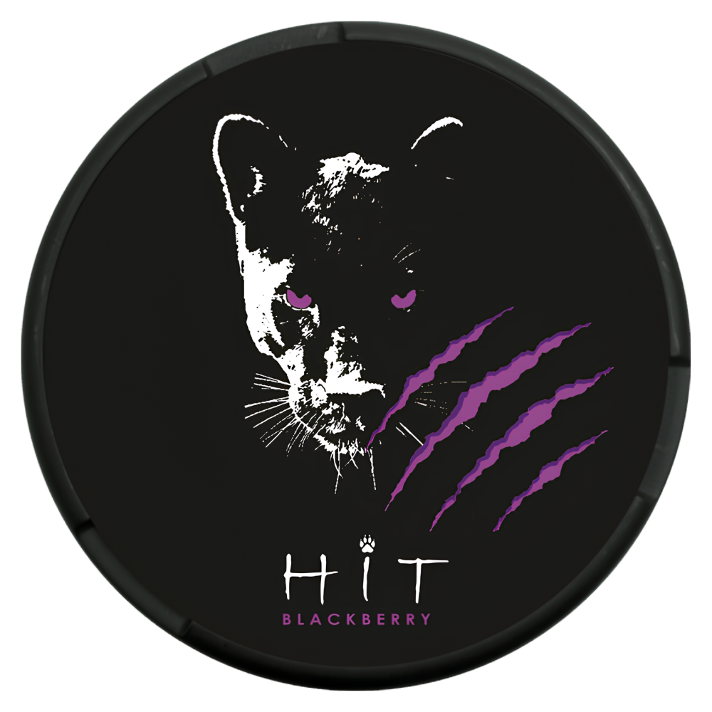 A round black product lid or cap featuring a stylized white panther face with purple eyes, purple claw marks, and the text 'HIT BLACKBERRY' at the bottom.