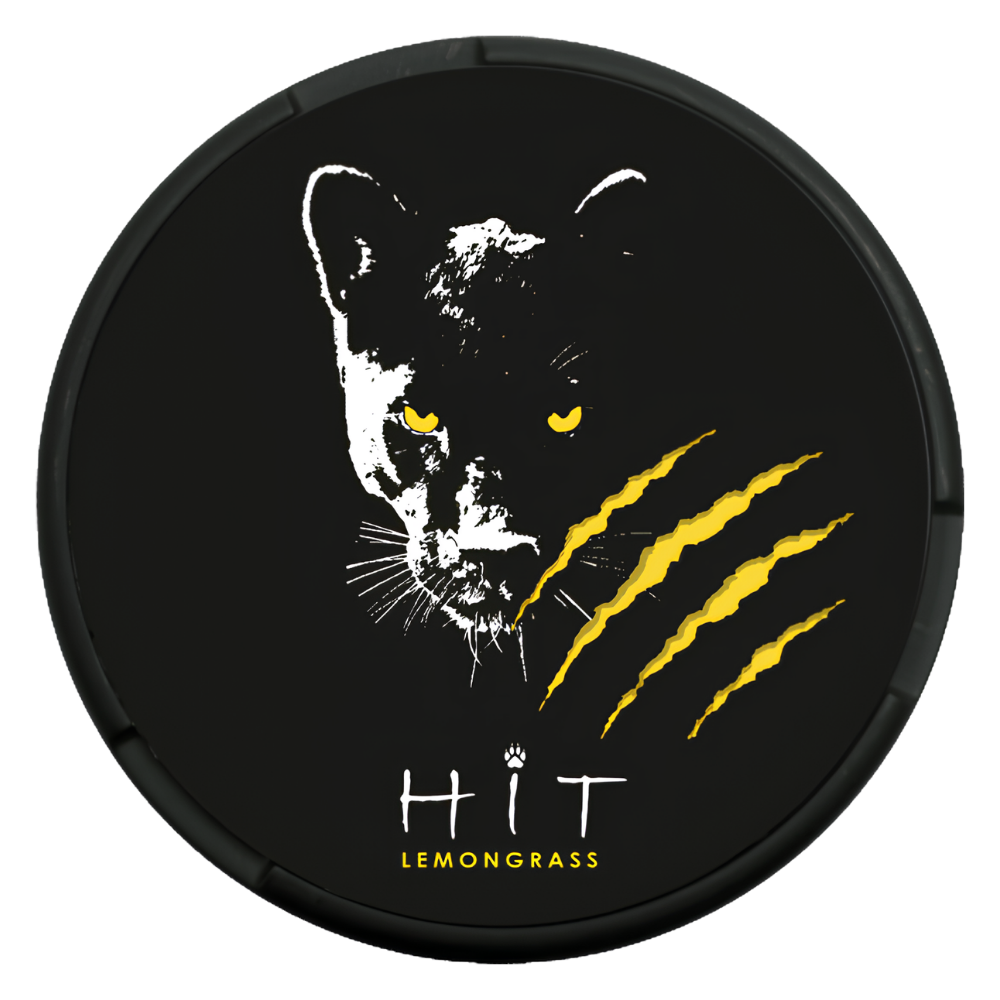 A round black product container or lid featuring a stylized white panther face with yellow eyes, yellow claw marks, and the text 'HIT' and 'LEMONGRASS' on a black background.