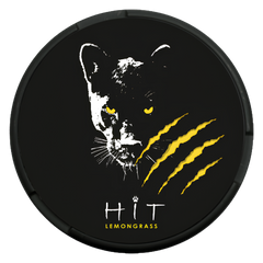 A round black product container or lid featuring a stylized white panther face with yellow eyes, yellow claw marks, and the text 'HIT' and 'LEMONGRASS' on a black background.