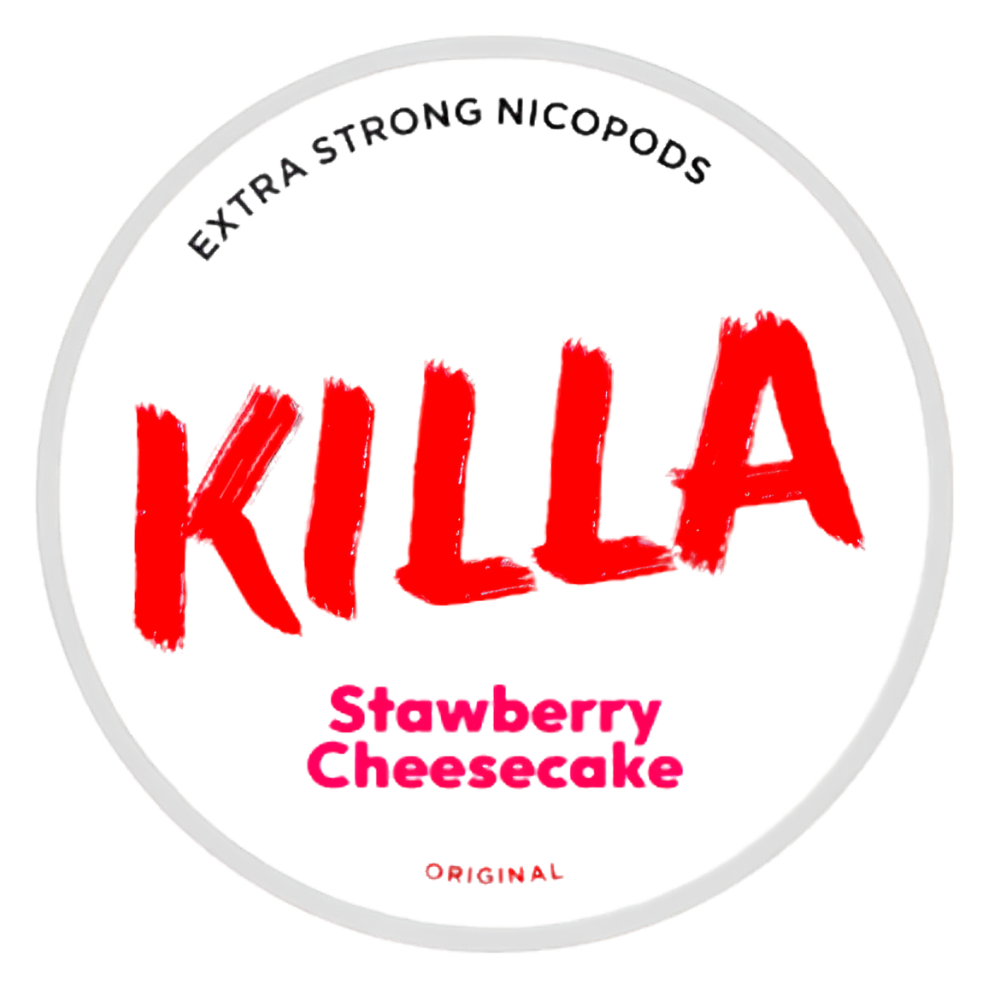 A circular product label for Nicopods Killa Strawberry Cheesecake, featuring a white background with a light gray circular border. The brand 'NICOPODS' is written in black at the top, 'KILLA' is in large red brush-stroke letters in the center, and 'Strawberry Cheesecake' is in pink below.