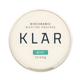 Bioceramic nicotine pouches container with 'KLAR' branding on a white background
