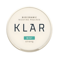 Bioceramic nicotine pouches container with 'KLAR' branding on a white background