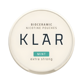 Bioceramic nicotine pouches container with 'KLAR' branding on a white background