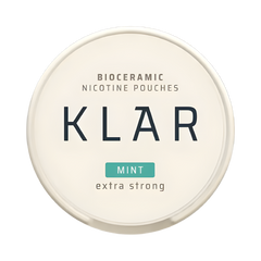 Bioceramic nicotine pouches container with 'KLAR' branding on a white background