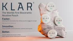 KLAR nicotine pouches on a textured surface with promotional text about the product.