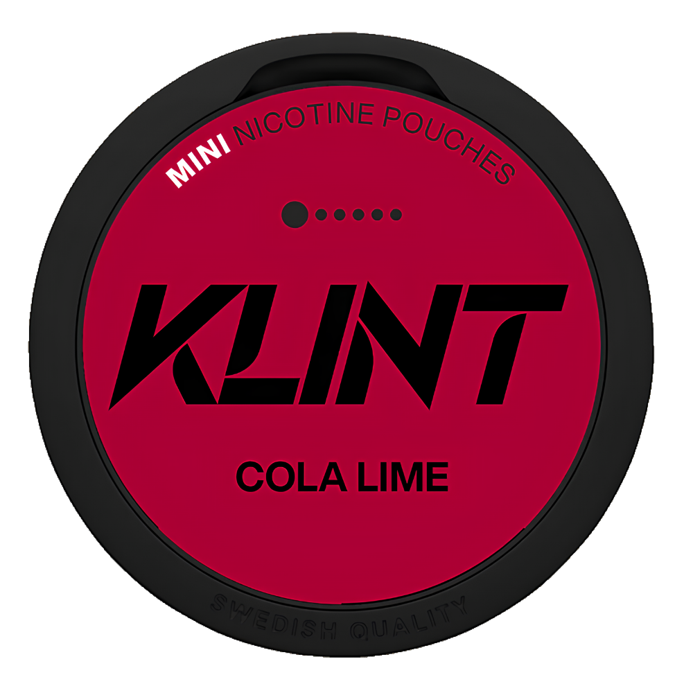 A round black container lid for Klint Mini Nicotine Pouches in Cola Lime flavor, featuring a bright red center with black and white text.