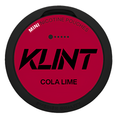 A round black container lid for Klint Mini Nicotine Pouches in Cola Lime flavor, featuring a bright red center with black and white text.