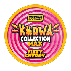 A circular pack design for Nicotine Pouches Khada Collection Max Fizzy Cherry, featuring pink and magenta spiral stripes with a yellow outer border and bold stylized text.
