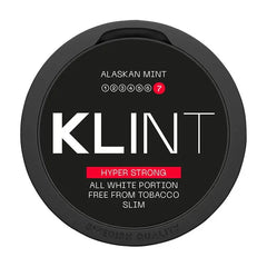 Klint nicotine product packaging with black lid and white text on a white background