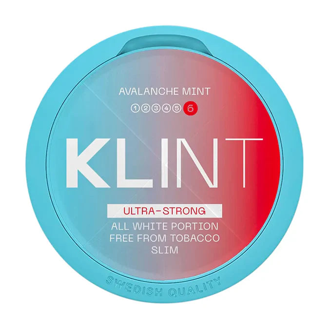 Klint Avalanche Mint chewing gum packaging with blue and red design on a white background